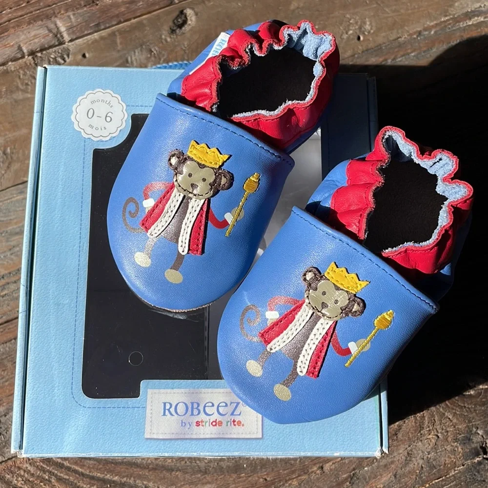 Robeez‎ monkey prince infant soft leather booties EUC size 0-6months